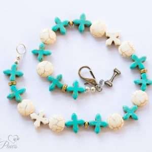 dog cat pet necklaces jewelry, blue turquoise crosses with white howlite crosses and white flat round turquoise beads finished with a small silver bone charm by the clasp