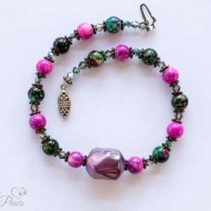 dog cat pet necklace with large irregular purple bauble bead purple marbleized beads green marbleized beads swarovski crystals and silver spacers on white background