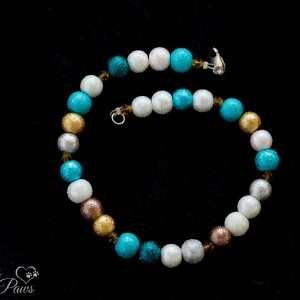 dog cat pet necklace hammered silver beads gold beads white beads turquoise beads swarovski crystal spacers on black background