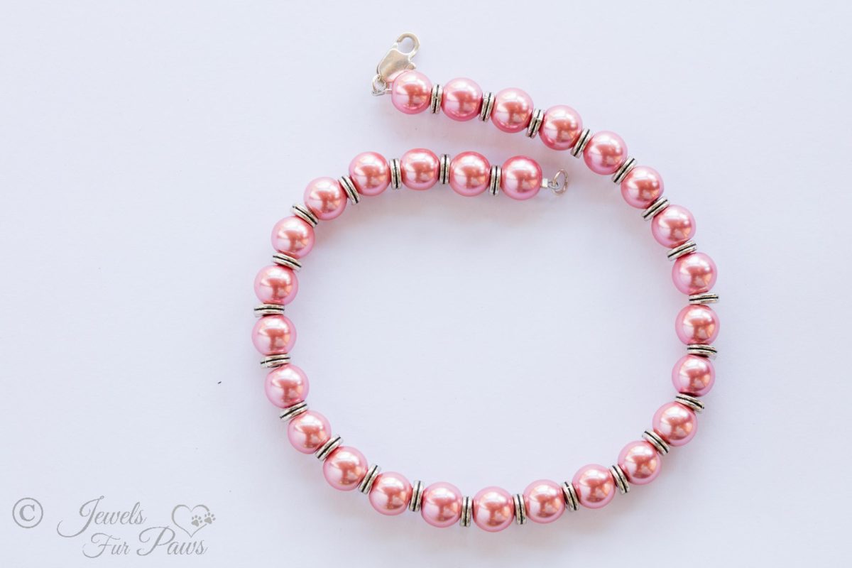 dog cat pet necklace pink pearls with round disc silver spacers on white background
