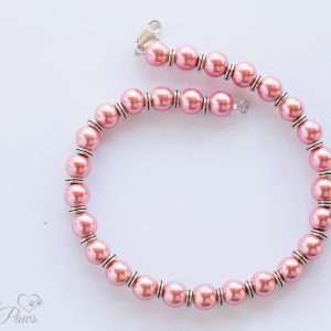 dog cat pet necklace pink pearls with round disc silver spacers on white background