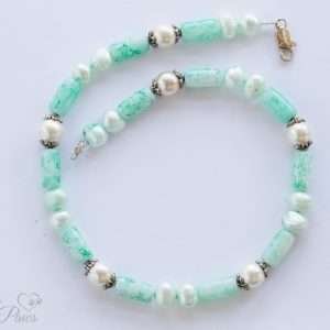 dog cat pet necklace with aqua turquoise barrel beads with pearl beads and aqua cultured pearls surrounded by silver spacers on white background