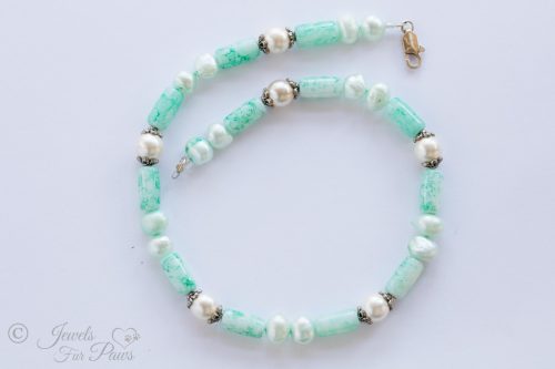 dog cat pet necklace with aqua turquoise barrel beads with pearl beads and aqua cultured pearls surrounded by silver spacers on white background