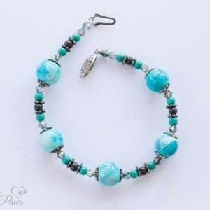 dog cat pet necklace five round turquoise marbelized beads with turquoise and black pearl beads silver spacers on white background