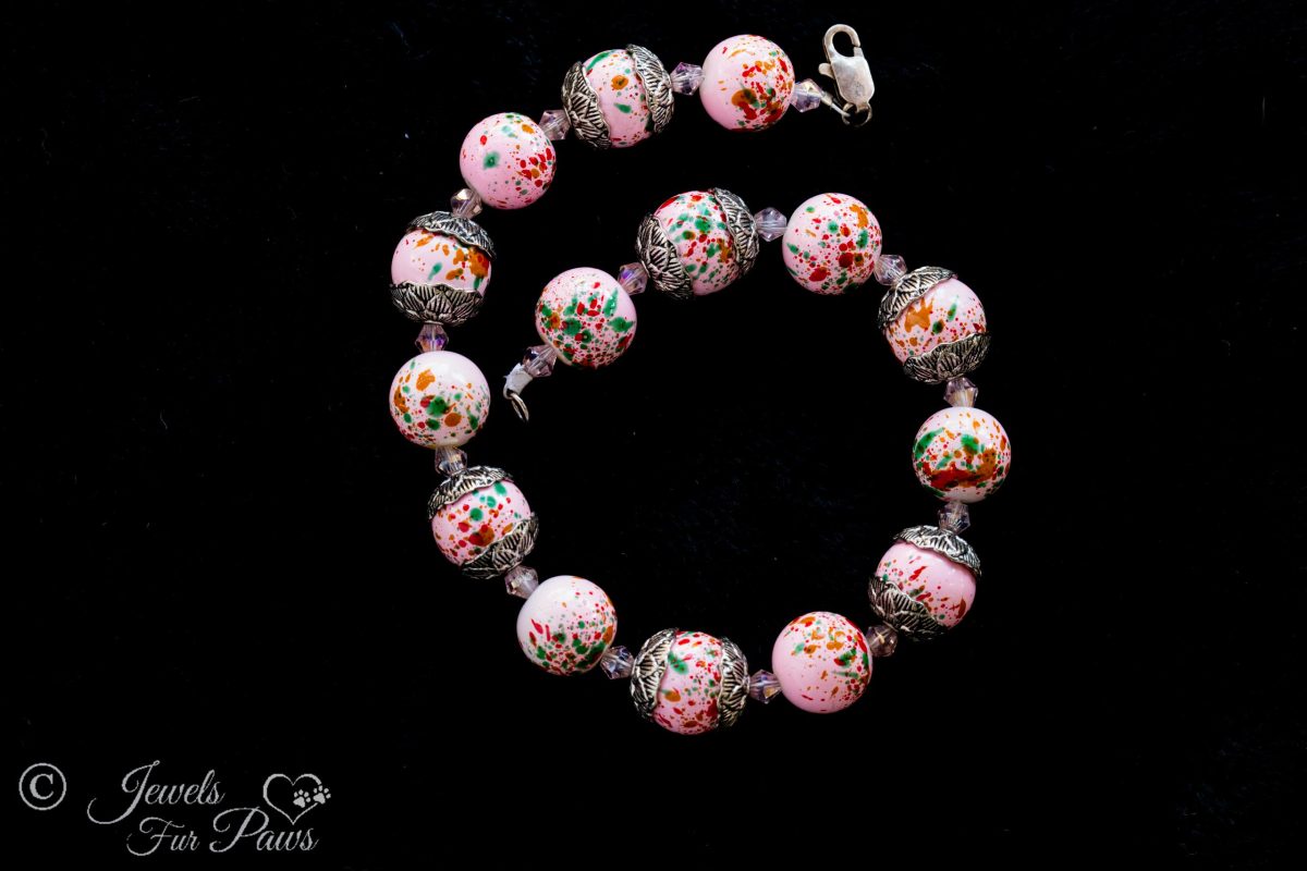 dog cat pet necklace pink confetti speckled beads swarovski crystals and silver caps on black background