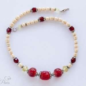 dog cat pet necklace with 3 large red vintage japanese cherry beads red swarovski crystals white pearls and silver spacers on white background