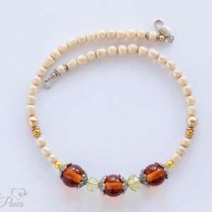 dog cat pet necklace vintage japanese round amber glass beads with baroque pearls swarovski crystals and silver spacers on a white background