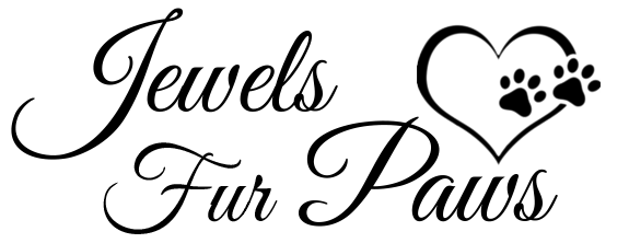 jewels fur paws in italic script black on white with heart and two paw prints