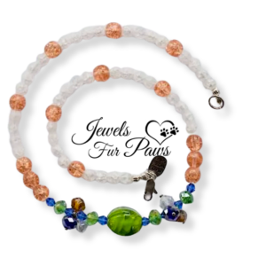 Green Lampwork Bead with Swarovski Crystals with Peach and White Cracked Glass Beads (L)