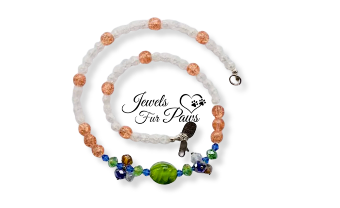Green Lampwork Bead with Swarovski Crystals with Peach and White Cracked Glass Beads (L)