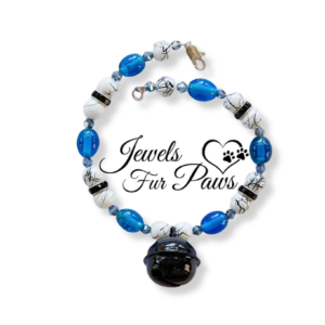 White and Black Marbleized Beads with Blue Beads Rhinestones and a Pendulum Black Bell (S) 9"