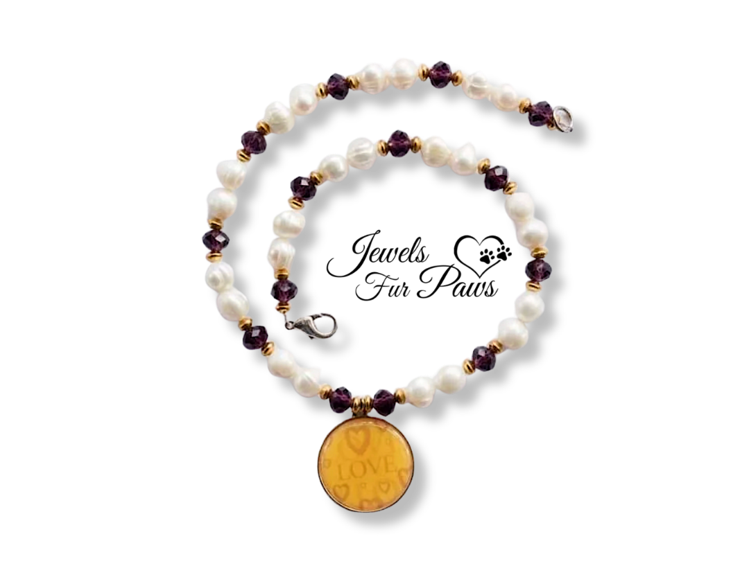 Cultured Pearls and Amethyst Czech Crystals with Love Charm Pendant (M)