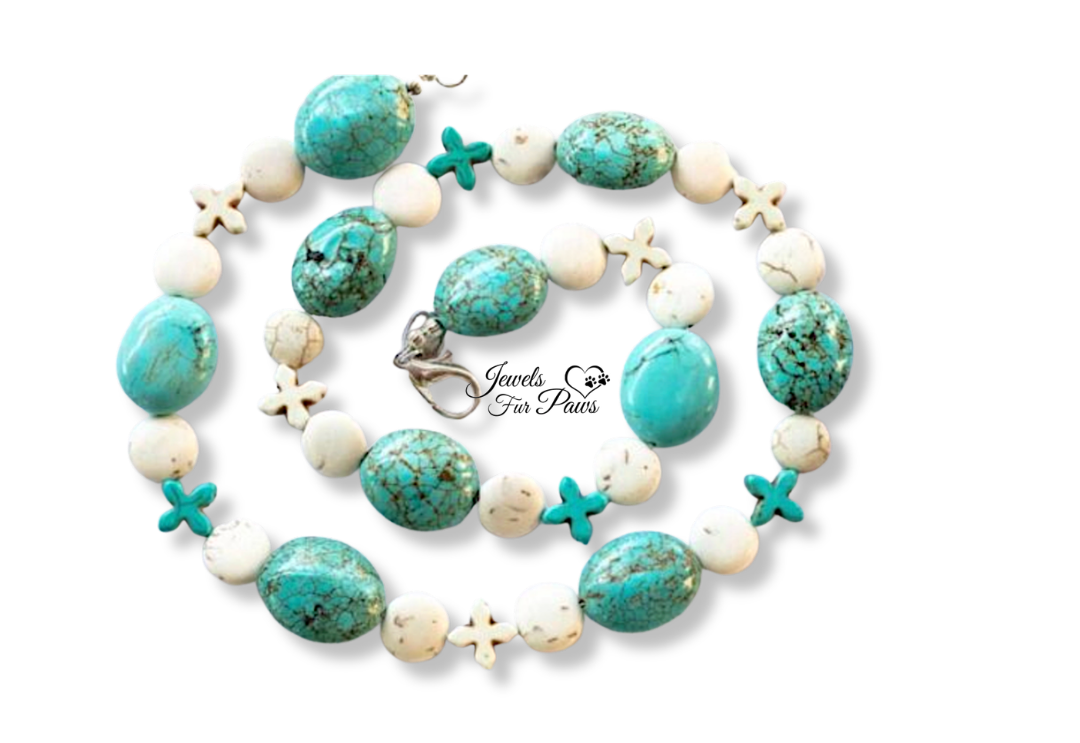 Blue Turquoise Oval Beads with White Howlite Crosses and Howlite Beads (XL)