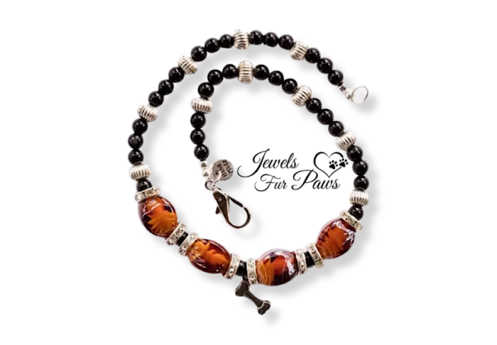 Brown Lampwork Crystals with Black Beads with Silver Bone Charm (M)