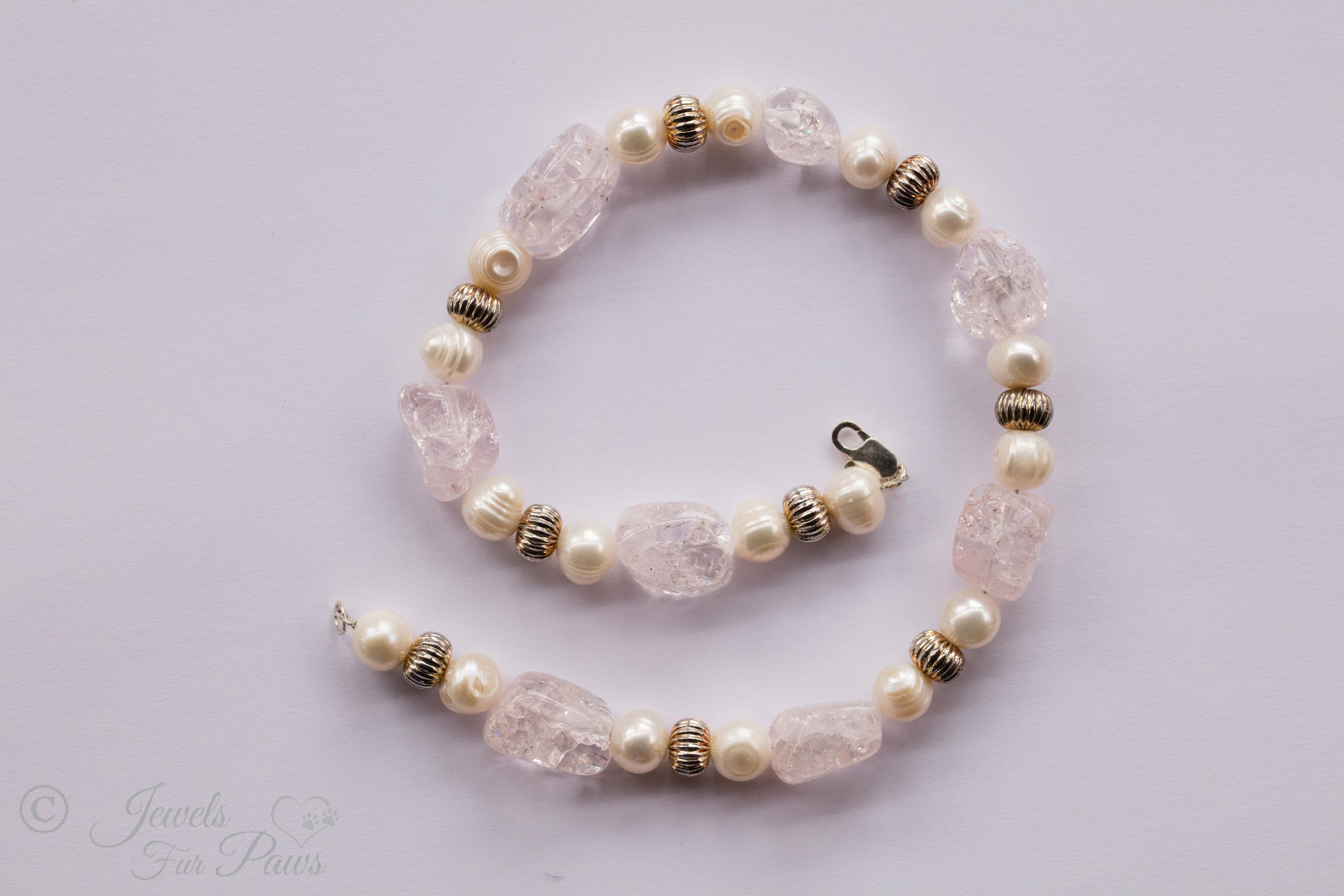 rose quartz beads with rhondells and pearls 10 inches