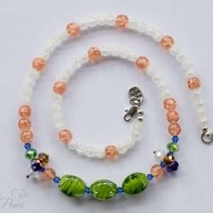 cat dog pet necklace three green lampwork beads with peach and white frosted glass beads on white background