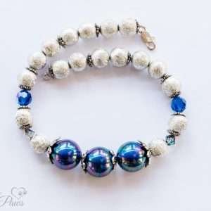 small dog cat pet necklace jewelry hammered brushed silver beads with three large blue pearl beads with cultured pearls and blue swarovski crystal spacers on white background