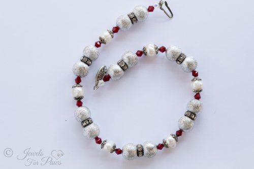 small cat dog pet necklace jewelry with hammered silver beads, cultured pearls silver spacers and red czech crystal spacers on white background