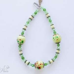 3 large speckled light green beads with faceted green crystals, white beads, and silver spacers for extra small dogs and cats