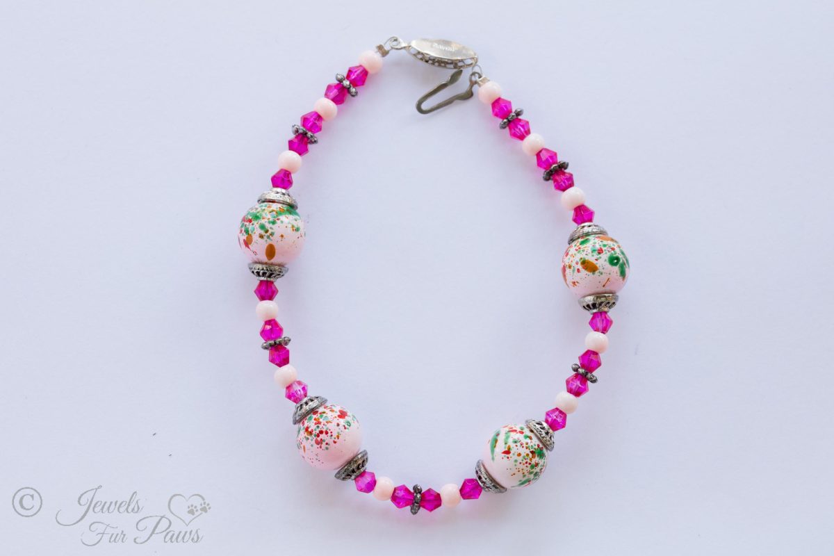 speckled pink beads with faceted pink crystals and white beads