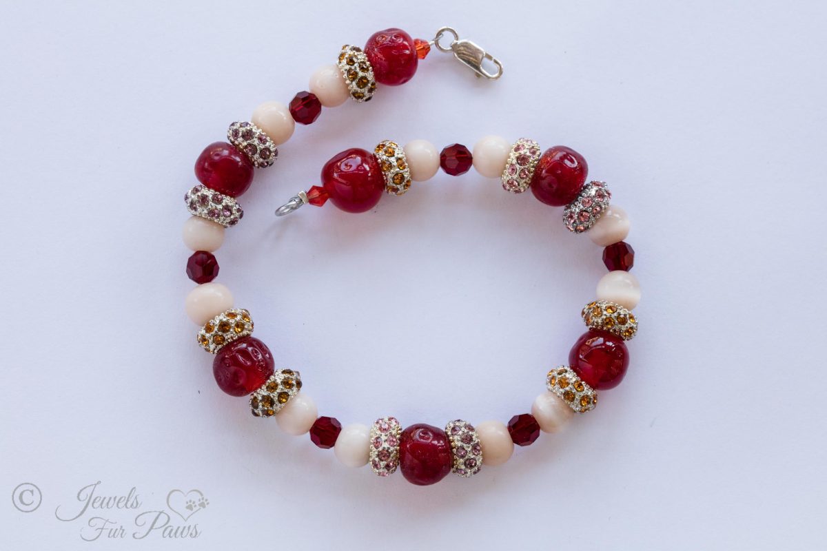 vintage japanese red cherry glass beads strung with moonstones and pave Czech spacers