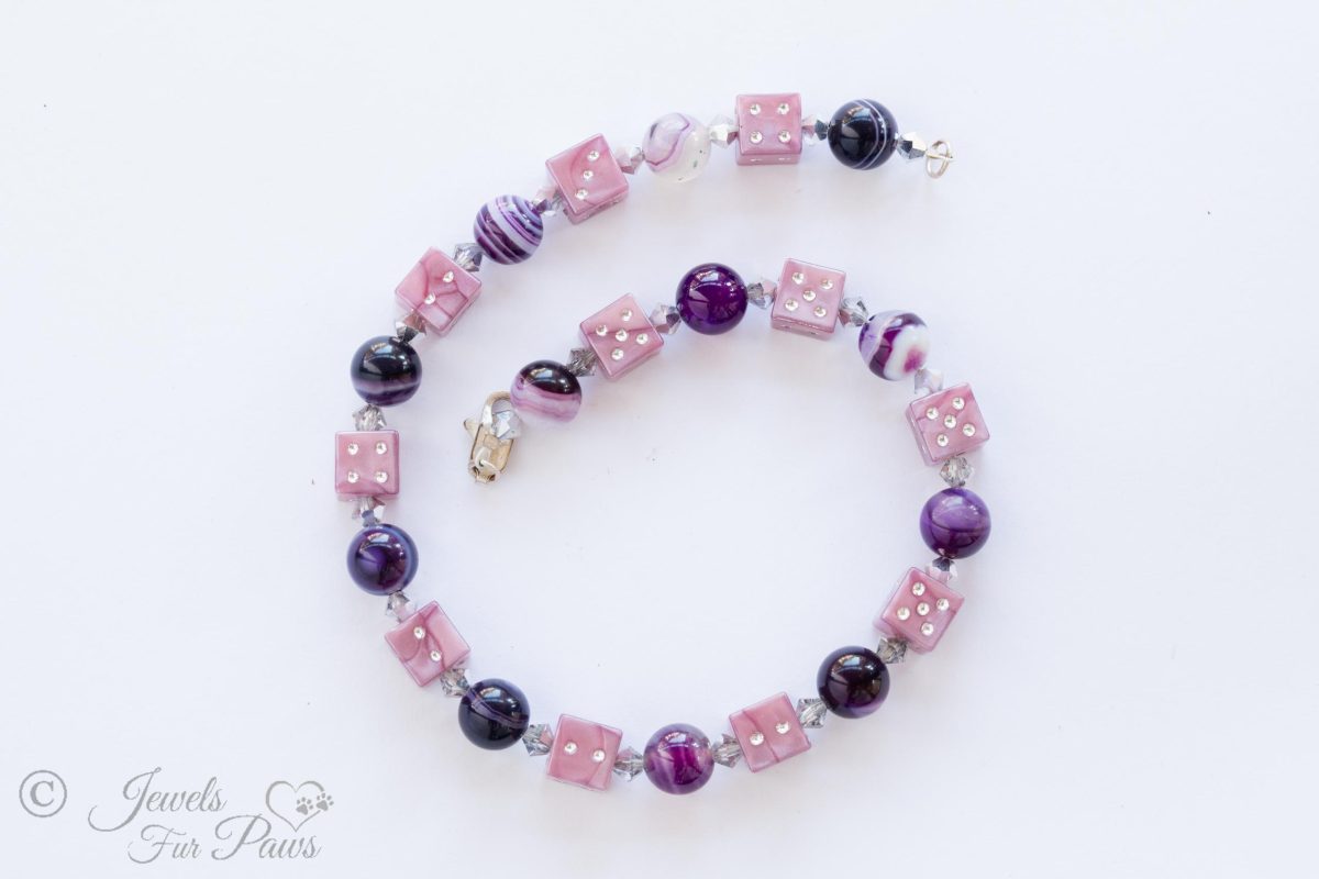 lucky purple dice with blue and purple marble beads and crystal spacers