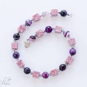 lucky purple dice with blue and purple marble beads and crystal spacers