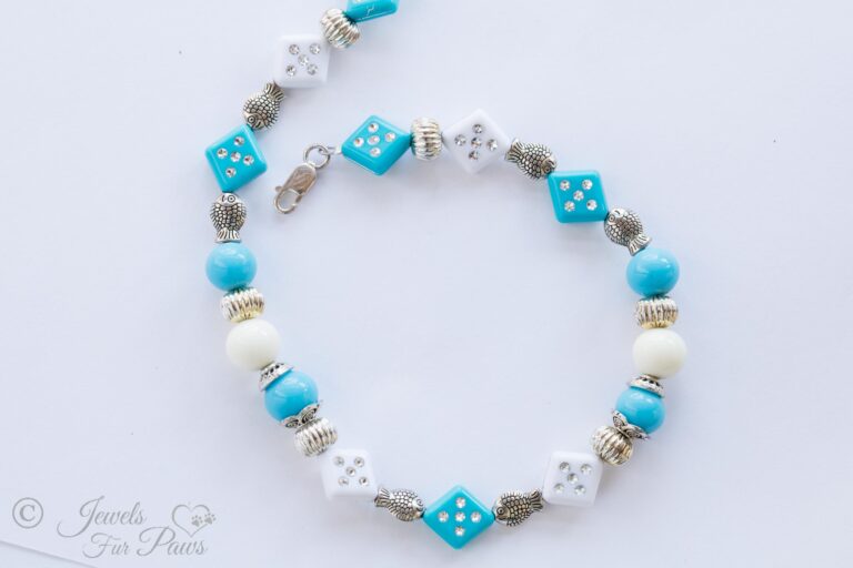 Lucky Blue Dice, White Dice with White Beads and Silver Fish