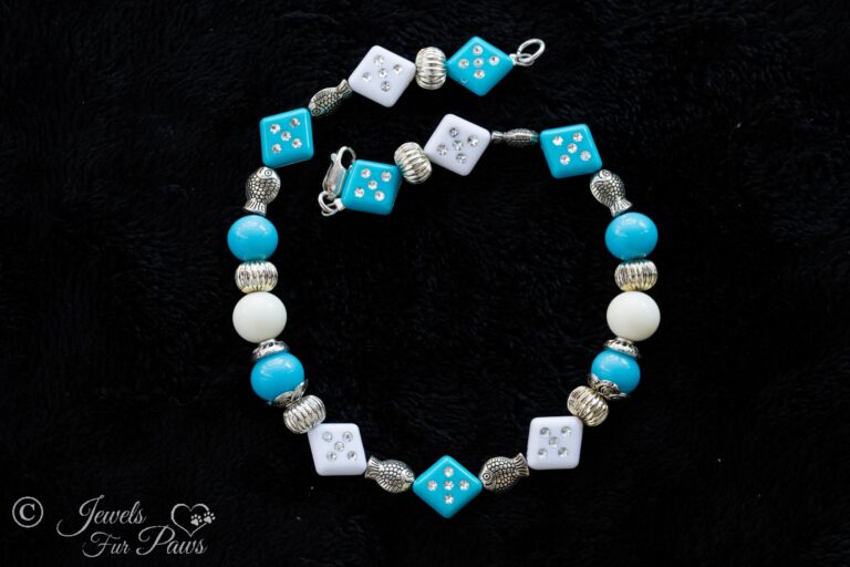 Lucky Blue Dice, White Dice with White Beads and Silver Fish - Image 2