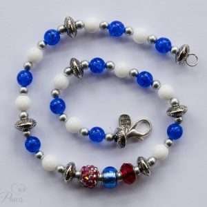 cat dog pet necklace patriotic trilogy red egyptian pave bead with 5 blue crystal beads and white beads on white background for large dogs