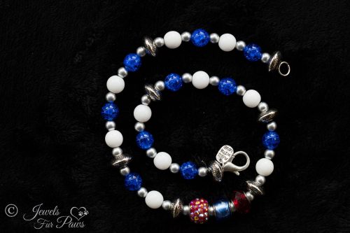 cat dog pet necklace patriotic trilogy red egyptian pave bead with 5 blue crystal beads and white beads on black background for large dogs