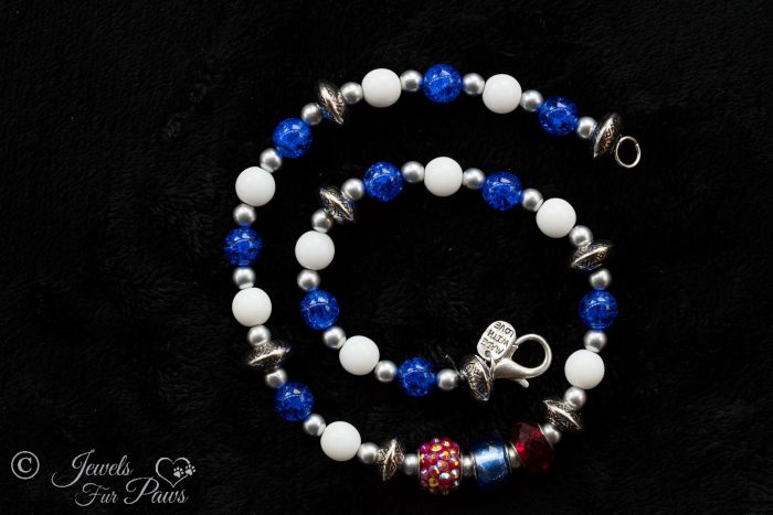 cat dog pet necklace patriotic trilogy red egyptian pave bead with 5 blue crystal beads and white beads on black background for large dogs