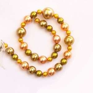 dog cat pet necklaces jewelry, pale orange and pale olive green pearl beads in different sizes on white background