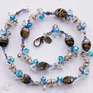 smoky black lampwork glass beads with blue and clear swarovski crystal clusters for extra large dog cat pet necklace on white background