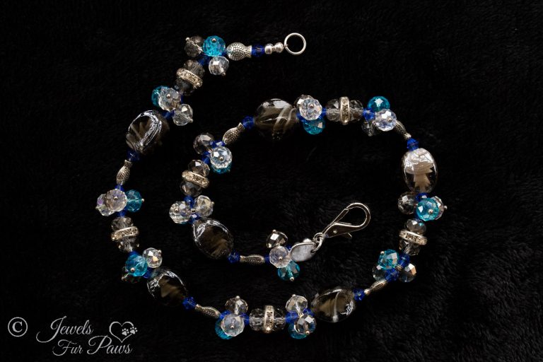 smoky black lampwork glass beads with blue and clear swarovski crystal clusters for extra large dog cat pet necklace on black background