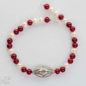 medium cat dog pet necklace with silver indian style vintage center beads with freshwater pearls and red carnelians on a white background