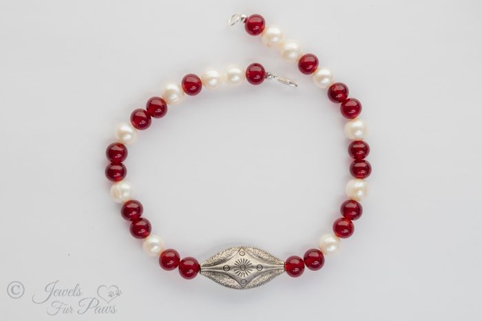 medium cat dog pet necklace with silver indian style vintage center beads with freshwater pearls and red carnelians on a white background