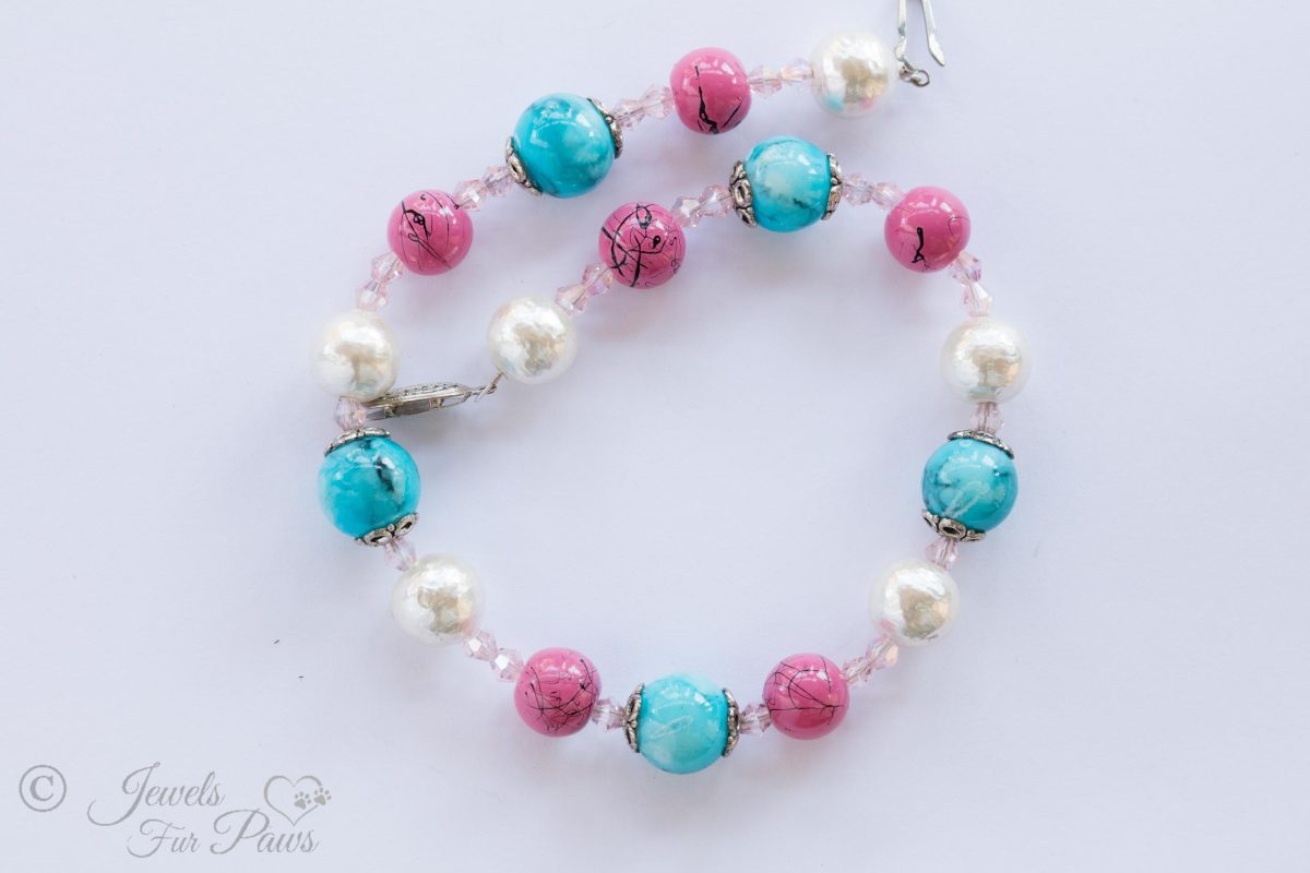 dog cat pet necklace pink speckled beads, turquoise beads, pearl bead spacers on white background