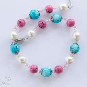 dog cat pet necklace pink speckled beads, turquoise beads, pearl bead spacers on white background