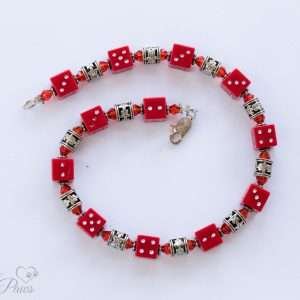 dog cat pet necklace jewelry featuring four sided red dice with red czech crystal spacers and silver flour filigree spacer beads on white background