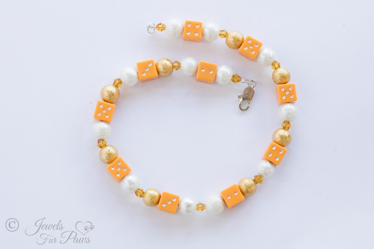 dog cat pet necklace with orange lucky dice, gold and silver brushed metal beads with orange swarovski crystal spacers for small dogs