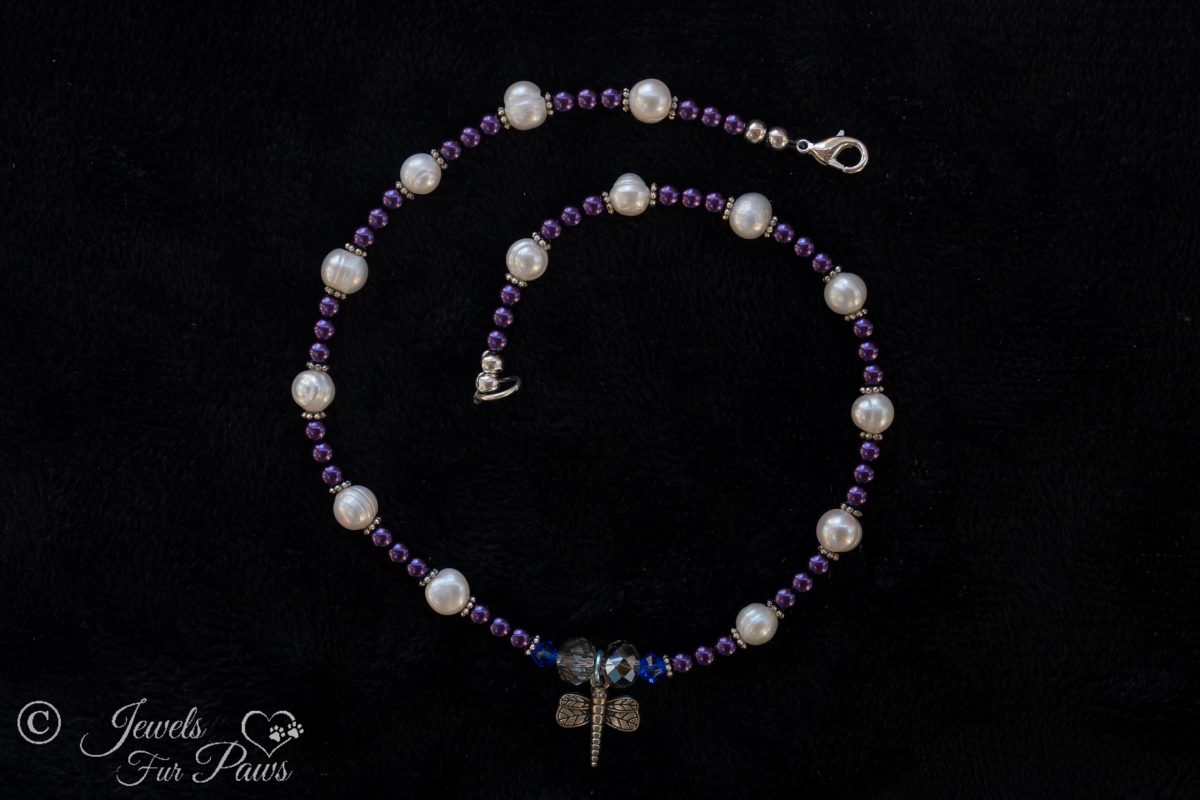 medium cat dog pet necklace with purple beads and cultured pearls silver hanging dragonfly pendant charm on black background