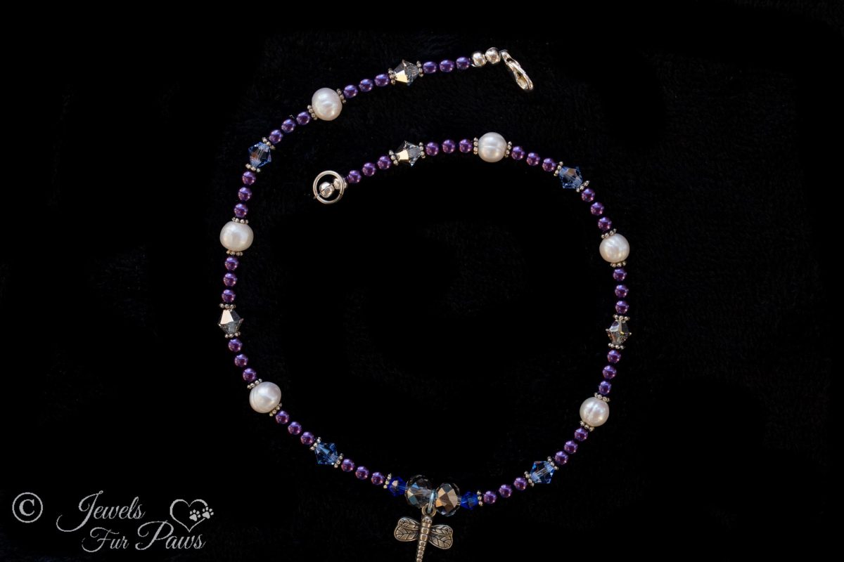 small cat dog pet necklace with cultured pearls and purple beads on black background