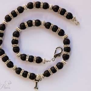 cat dog pet necklace natural black lava round beads with swarovski channel set spacers and silver rondels with hanging bone charm on white background