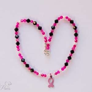 cat dog pet necklace breast cancer awareness hot pink and black crystals with hanging breast cancer ribbon pendant charm on white background