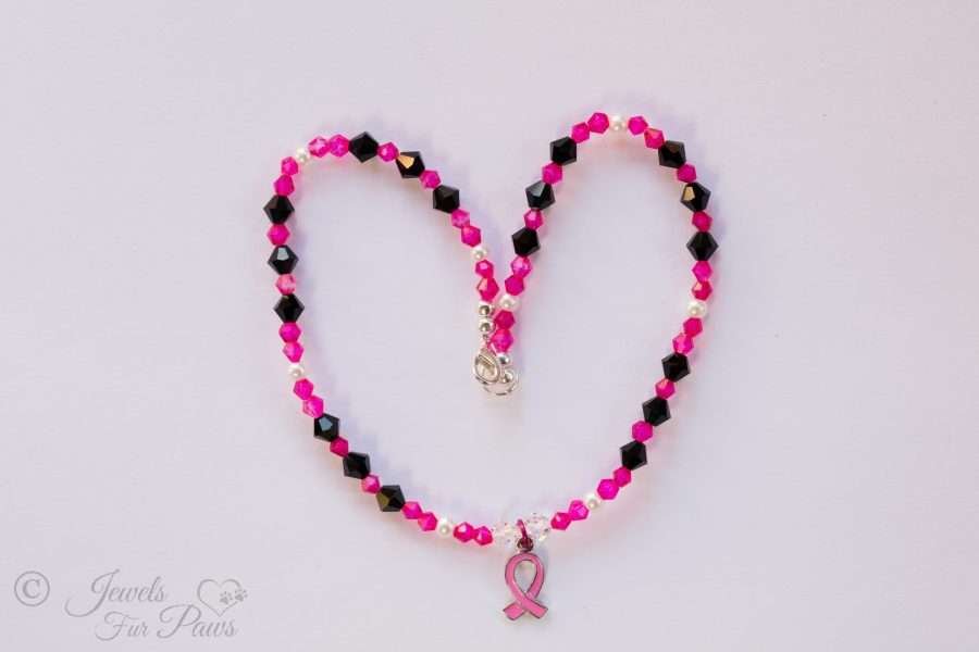 cat dog pet necklace breast cancer awareness hot pink and black crystals with hanging breast cancer ribbon pendant charm on white background