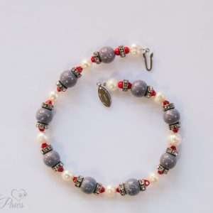 cat dog pet necklace marbleized blue beads with cultured pearls red crystals and swarovski crystal channel set spacers on white background