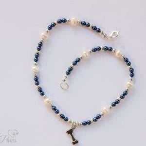 medium cat dog pet pet necklace navy blue beads silver beads cultured pearls with silver rondels and hanging silver bone charm pendant on white background