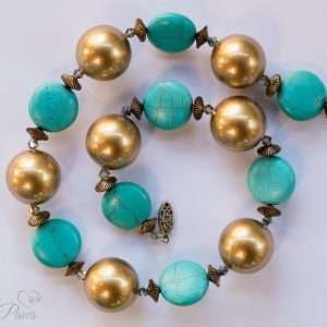 large cat dog pet necklace gold pearl beads with silver rondel spacers and flat turquoise disc beads