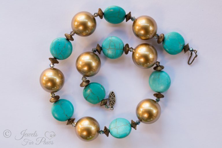 large cat dog pet necklace gold pearl beads with silver rondel spacers and flat turquoise disc beads